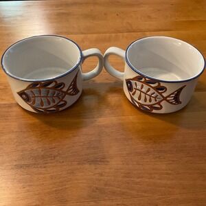 Set of 2 Stoneware Soup Mugs with Fish Design Retro‎ Kitchen Decor